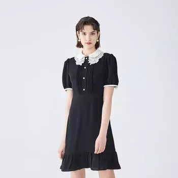 Obeg Lace Collar Summer Gold Style Dress Black 155/XS/34