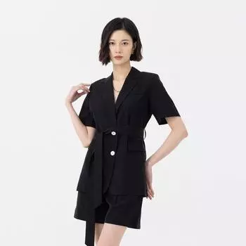 Obeg Новая приталенная элегантная куртка с коротким рукавом лен Black 165/M/38