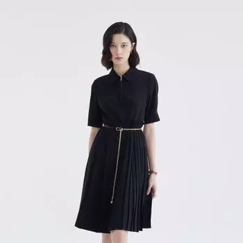 Obeg Patchwork Design Spring and Summer Pleated Dress Black 155/XS/34