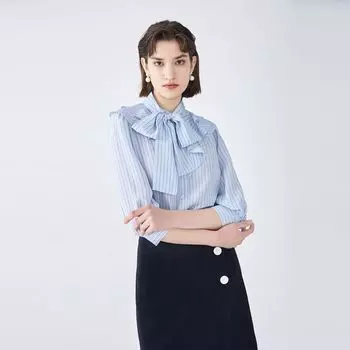 Obeg Silk Shirt New Tie-Neck Bow Light blue strip 170/L/40