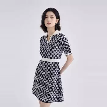 Obeg Spring and Summer Retro Chessboard Grid Knitting Dress Tibetan blue lattice 155/XS/34