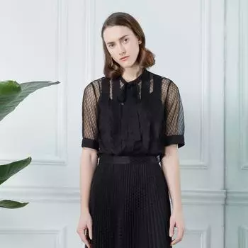 Obeg Spring/Summer Lace Shirt Sexy Ribbon Mesh Black 165/M/38