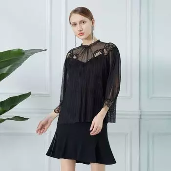 Obeg Spring/Summer Temperamental Minority Lace Chiffon Shirt Black 155/XS/34