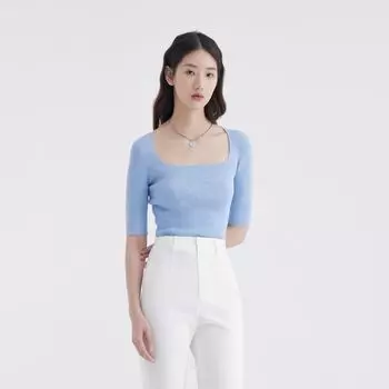 Obeg Square Collar Slim Fit Bottoming Top Knitting Cardigan Light Blue 160/S/36