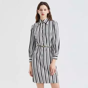 Obeg Stripes Dress Loose H-Type Mid-Length Satin Navy blue strip 155/XS/34