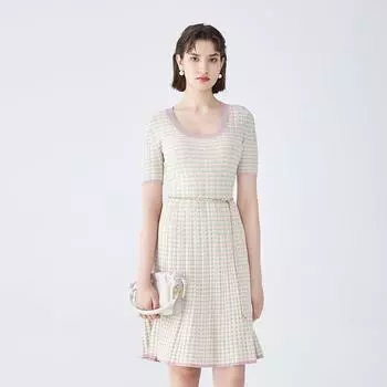 Obeg Sunken Stripe Craft Minimalist U Collar Knitted Dress Gray powder 160/S/36