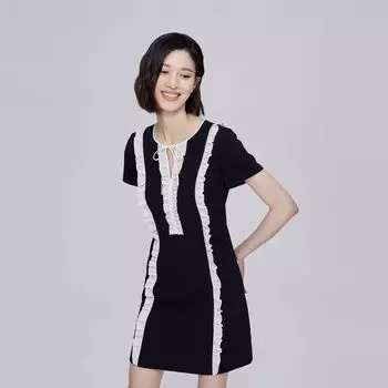 Obeg V-Collar Contrast Color Summer Fashion Dress Black 165/M/38