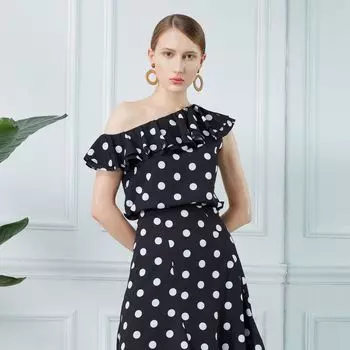 Obeg Vintage Ruffled Sloping Exposed Shoulder Polka Dot Pullover Black spot 155/XS/34