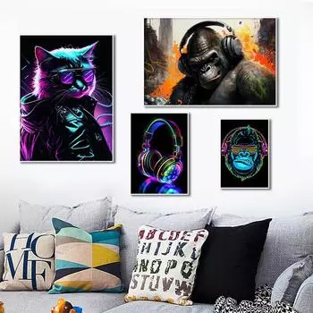 Обезьяна, кошка, собака, постер для наушников, гостиная, кровать, домашний декор для бара, холст, живопись, мода, диджей, музыка, животные, настенные художественные картины, принты 21x30cm No Framed