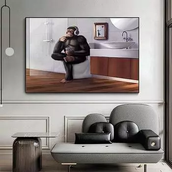 Обезьяна сидит на унитазе и думает Картина на холсте Абстрактное животное Плакат Печать Настенная картина Декор для гостиной Безрамное 21x30cm No Framed