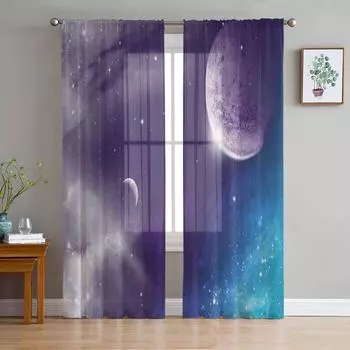 Облако Вселенная Луна Космос Прозрачные шторы для гостиной Украшения Оконные шторы для кухни Тюль Вуаль Органза Шторы W135 x H115cm x1