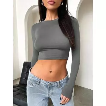 Облегающая футболка с обнаженным пупком и базовая рубашка с ультракороткими длинными рукавами L белый