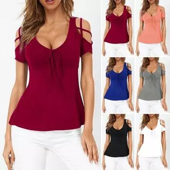 Облегающая футболка с v-образным вырезом и бантом с перекрестными бретелями, короткие шорты с открытыми плечами 2XL чёрный