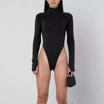 Облегающая одежда с высоким воротником, длинными рукавами и высокой талией для женщин осенью и зимой, сексуальный и утягивающий эластичный комбинезон L чёрный