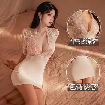 Облегающая юбка с запахом на бедрах, сексуальная униформа секретаря, соблазнительный глубокий V-образный вырез, открывающая грудь, кружевная перспектива, чистое желание One Size