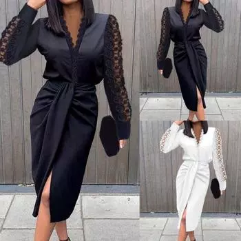 Облегающее платье Элегантное красивое женское платье с V-образным вырезом Корсетное платье Узкое вечернее мини-полое кружево с запахом 2XL чёрный