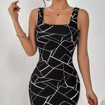 Облегающее платье-майка с геопринтом, повседневное платье без рукавов с квадратным вырезом, женская одежда XS чёрный