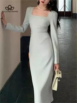 Облегающее платье миди, сезон весна-лето, элегантное модное офисное женское однотонное платье с длинными рукавами, облегающая праздничная одежда, платья S чёрный