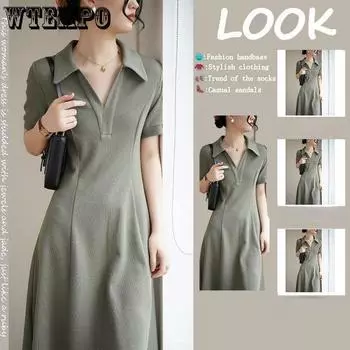 Облегающее платье Простое тонкое платье с воротником-поло Легкое платье-трапеция с короткими рукавами S чёрный