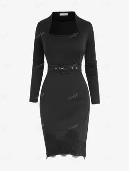 Облегающее платье Rosegal с готической аппликацией и поясом с длинными рукавами и пряжкой XL чёрный