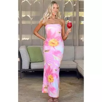 Облегающее платье с цветочным принтом, с открытыми плечами, без рукавов, с открытой спиной, элегантное, женское, бодикон, длинное, топ-труба для вечеринки, клуба S розовый