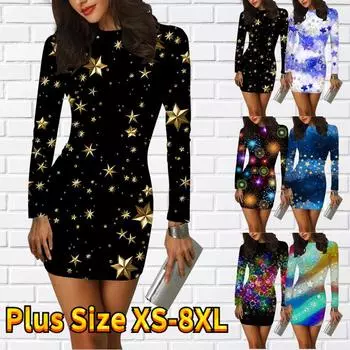 Облегающее платье с длинным рукавом и 3D-блестящим принтом звезд, женские мини-платья, осенние обтягивающие эластичные вечерние платья XS золотой