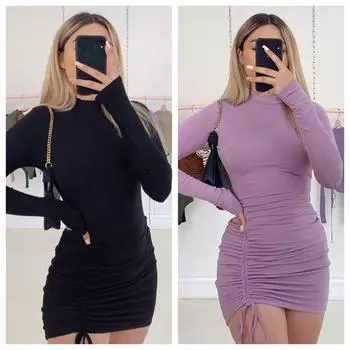 Облегающее платье с длинными рукавами и рюшами, женские бандажные мини-платья с высоким воротником, осеннее черное облегающее эластичное вечернее платье, Vestidos S чёрный