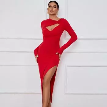 Облегающее платье с длинными рукавами Осень и зима с вырезами для клубной вечеринки Тонкое платье с разрезом S чёрный
