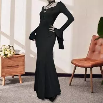 Облегающее платье с хвостовым подолом, нерегулярные манжеты с рюшами, рукава-колокольчики, U-образный вырез, сплошное цветное платье макси для косплея S чёрный