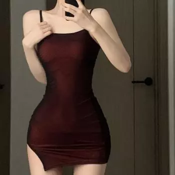 Облегающее женское платье 2023 Vestidos De Mujer, модная туника, темпераментный сексуальный халат на бретельках, женские летние мини-платья с разрезом из марли 7L019 S красный