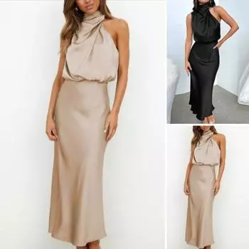 Облегающее женское платье с воротником-стойкой и лямкой на шее без рукавов, гладкое атласное вечернее платье миди со свободным подолом S чёрный