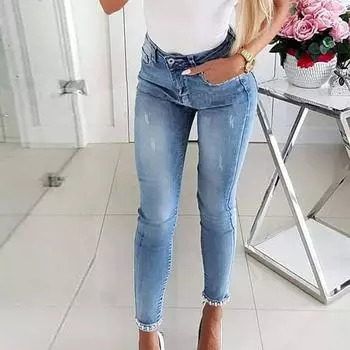 Облегающие джинсы для похудения с разрезом в виде бабочки и цветка с бусинами и гвоздями S синий