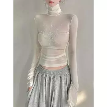 Облегающие футболки с универсальным принтом и бриллиантами, новые летние топы с высоким воротником, женские топы Y2k, белая футболка с длинными рукавами в стиле гранж S белый