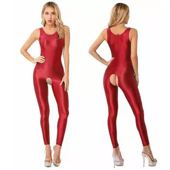 Облегающие комбинезоны для женщин, глянцевый однотонный комбинезон с открытой промежностью, эластичный комбинезон без рукавов с v-образным вырезом, боди, нижнее белье, колготки S