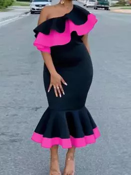 Облегающие платья русалки, женские платья с открытыми плечами и оборками, черные контрастные цвета миди, элегантные африканские платья для вечеринки, дня рождения L розовый