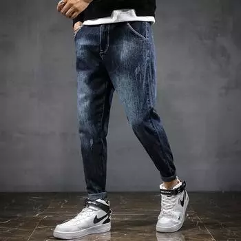Облегающие прямые эластичные джинсы весеннего стиля для мужчин, модные укороченные брюки Harun с вышивкой в корейском стиле для мужчин 27
