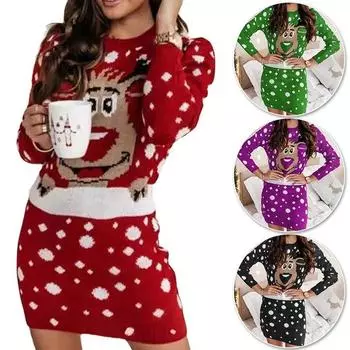 Облегающие трикотажные платья для женщин, новогодняя одежда, платье-свитер, джемперы с длинными рукавами, трикотаж L чёрный