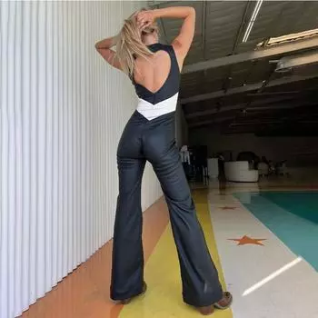 Облегающий комбинезон из искусственной кожи в стиле пэчворк для женщин, облегающий цельный комбинезон без рукавов с открытой спиной и вырезом в форме сердца, новинка 2023 года, джинсовые комбинезоны в стиле ретро XS чёрный