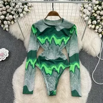 Облегающий комбинезон с длинным рукавом и круглым вырезом в стиле ретро в американском стиле с принтом