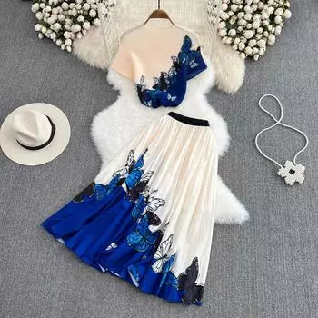 Облегающий крой с круглым вырезом, плиссированный топ с принтом, плиссированная юбка, комплект из двух предметов S синий