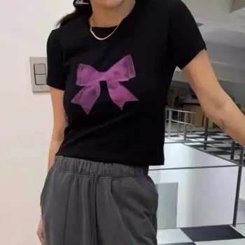 Облегающий кроп-топ в стиле ретро Y2K, короткая футболка с бантом в корейском стиле, повседневная майка с бантом и принтом для женщин XL белый