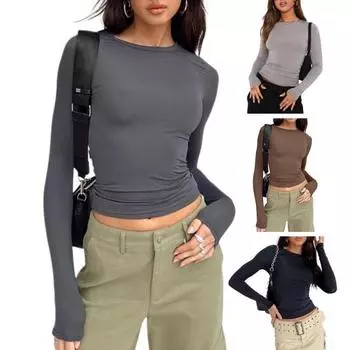 Облегающий пуловер с круглым вырезом, однотонный, мягкий, эластичный, тонкий, дышащий, повседневная женская футболка с длинными рукавами L коричневый