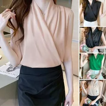 Облегающий женский топ без рукавов с v-образным вырезом, однотонная атласная блузка, офисная рубашка S белый