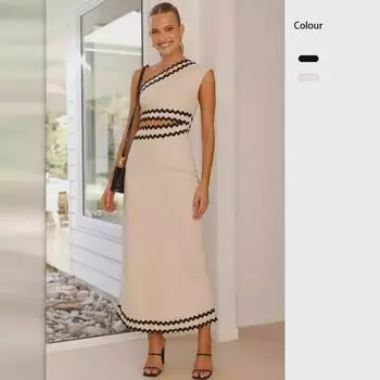 Oblique Collar Lace Splicing Elegant Long Dress for Women - Summer 2025 Collection M