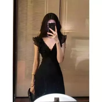 Oblique Cutting Same Style as Stars Black V-neck Dress Women Summer New Waist Hugging Slimming Temperament Long dress Skirts Black M