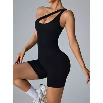 Oblique Shoulder Strap Sexy Seamless Silm Jumpsuit Women s Sports Fifth Pants Yoga Suit One-Piece Cycling Pants Fitness Running Black S