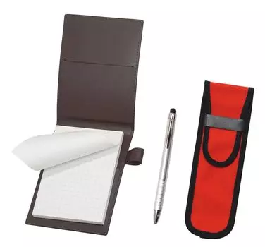Обложка для мини-блокнота из переработанной коровьей кожи коричневого цвета с тканевым пеналом красного цвета, набор для сенсорного поворотного шарикового пера для смартфона, серебристый цвет 9 LS022PC-NK02R-TP04