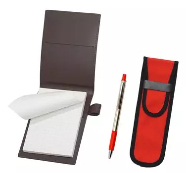 Обложка для мини-блокнота из переработанной коровьей кожи коричневого цвета с тканевым пеналом красного цвета FB325, набор шариковых ручек с прямым стержнем из алюминия красного цвета LS022PC-NK02R-FB325-R