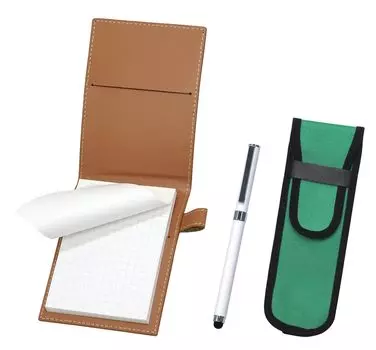 Обложка для мини-блокнота из переработанной коровьей кожи цвета мокко с пеналом из зеленой ткани для смартфона с сенсорным экраном и шариковой ручкой с металлическим колпачком, дополнительный набор, белый белый