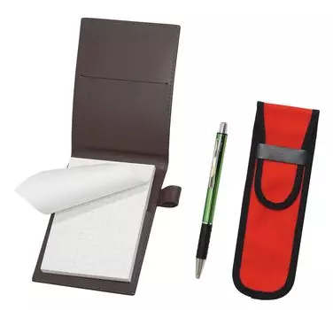 Обложка для мини-блокнота из переработанной коровьей кожи коричневого цвета с тканевым пеналом красного цвета, набор шариковых ручек с металлическим захватом зеленого цвета и LS022PC-NK02R-WZ2067BP-G